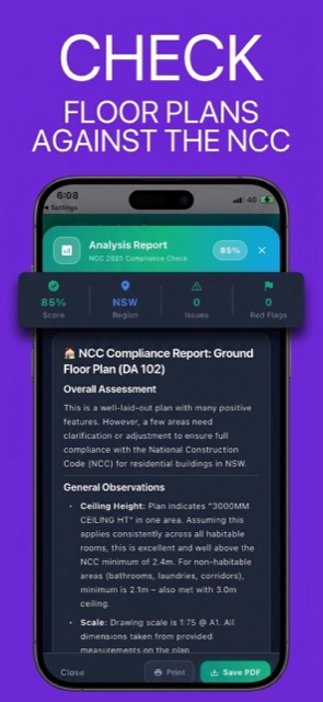 AmpleCheck AI showing an NCC 2025 compliance report with an 85% score for a floor plan